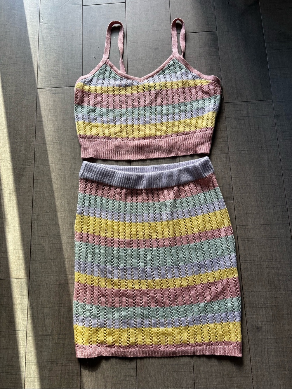 3 for $25- Almost Famous- Pastel Striped Knit Crop Top & Skirt Set